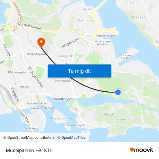 Museiparken to KTH map