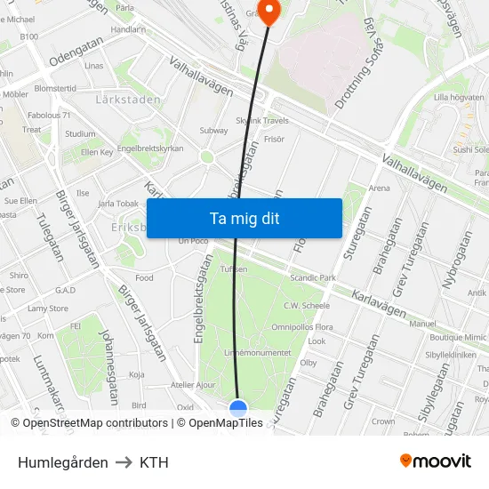Humlegården to KTH map