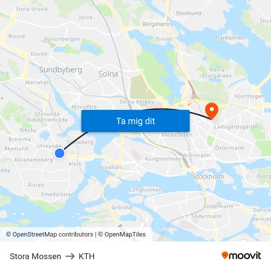 Stora Mossen to KTH map