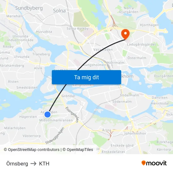 Örnsberg to KTH map