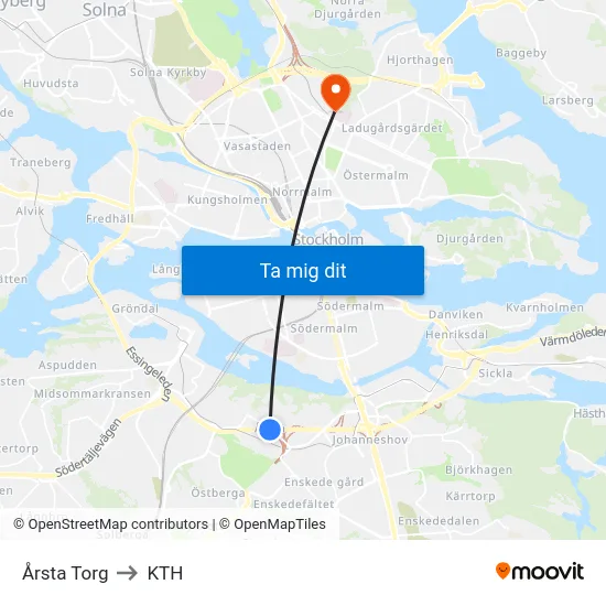 Årsta Torg to KTH map
