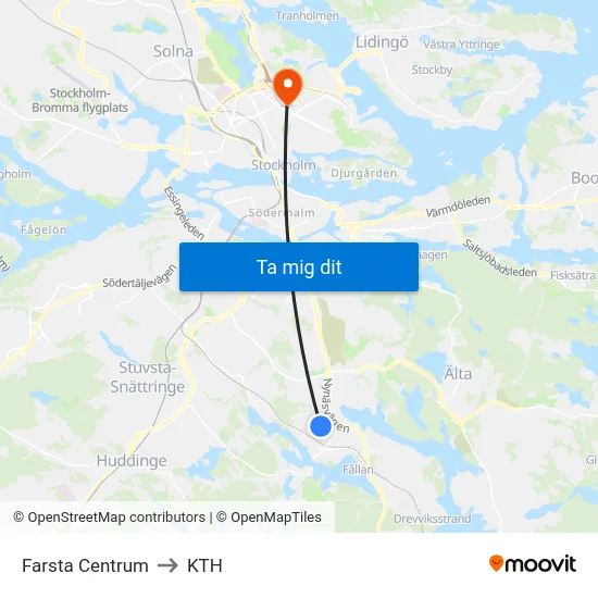 Farsta Centrum to KTH map