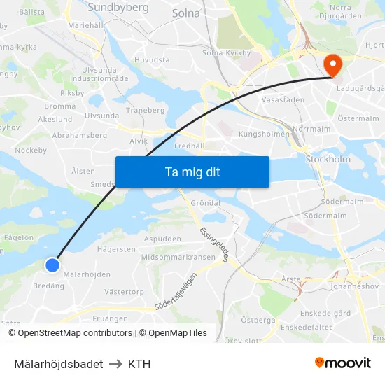 Mälarhöjdsbadet to KTH map