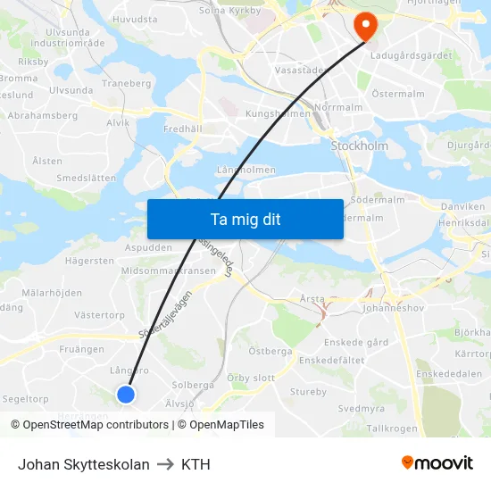 Johan Skytteskolan to KTH map