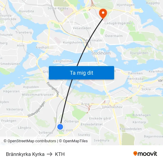 Brännkyrka Kyrka to KTH map