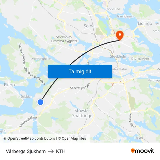 Vårbergs Sjukhem to KTH map