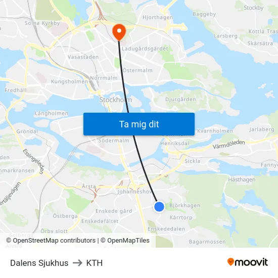 Dalens Sjukhus to KTH map