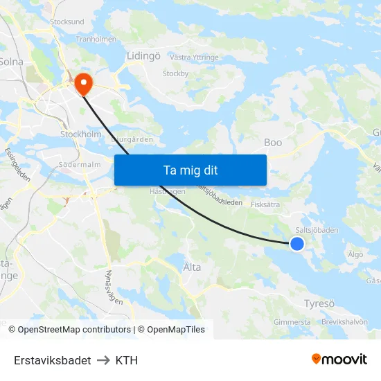 Erstaviksbadet to KTH map