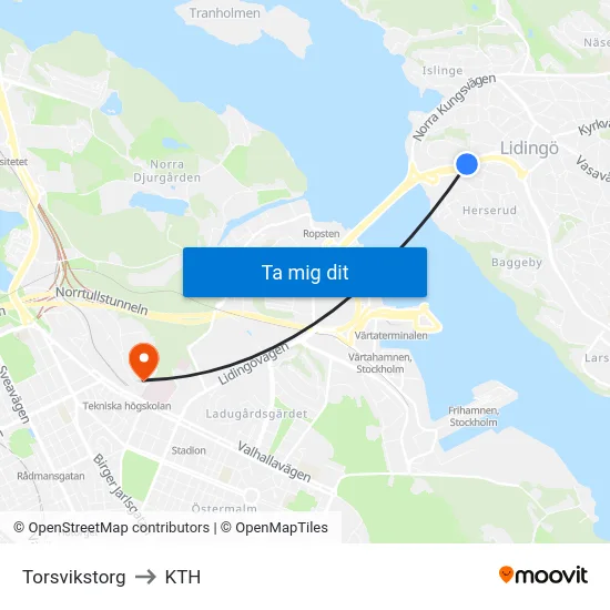 Torsvikstorg to KTH map