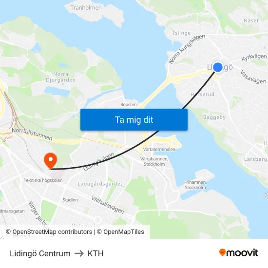 Lidingö Centrum to KTH map