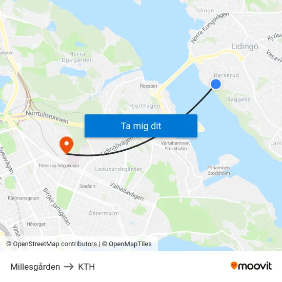 Millesgården to KTH map