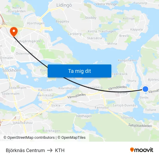 Björknäs Centrum to KTH map