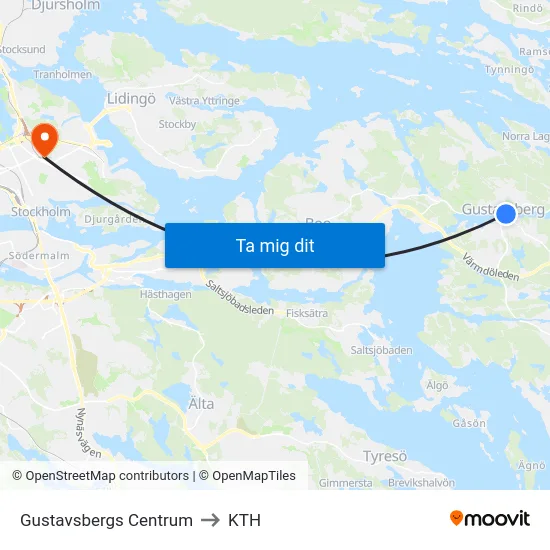 Gustavsbergs Centrum to KTH map
