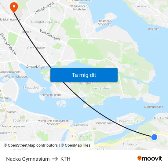 Nacka Gymnasium to KTH map