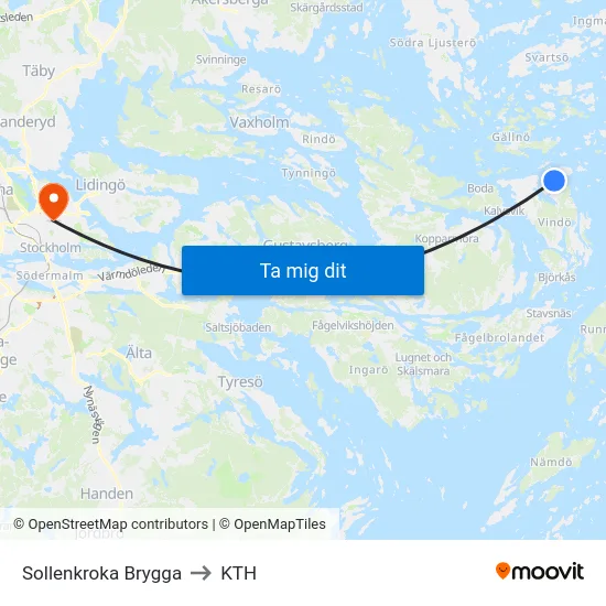 Sollenkroka Brygga to KTH map