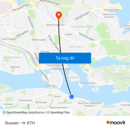 Slussen to KTH map