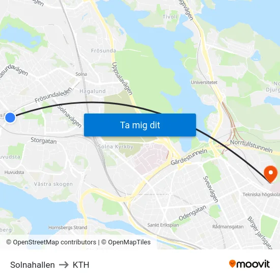 Solnahallen to KTH map