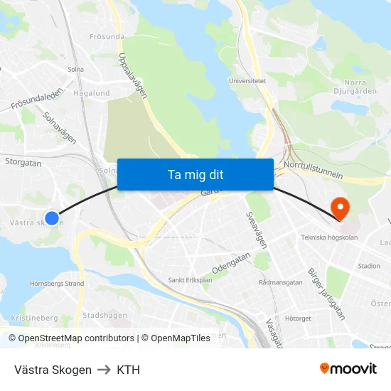 Västra Skogen to KTH map
