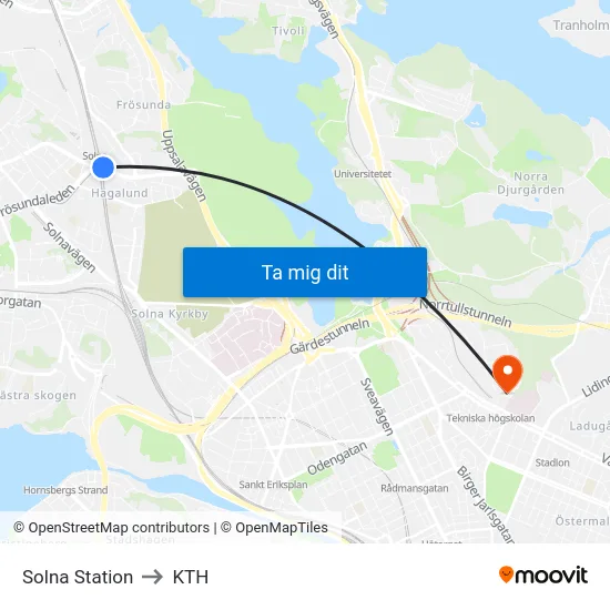 Solna Station to KTH map