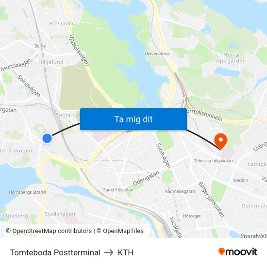 Tomteboda Postterminal to KTH map