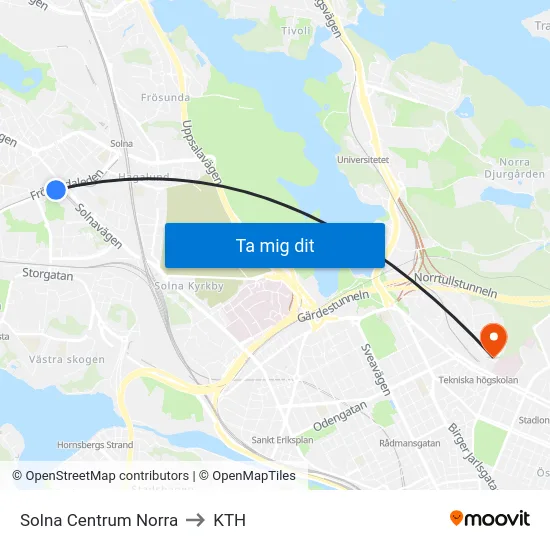 Solna Centrum Norra to KTH map