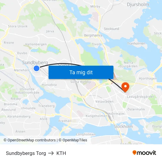 Sundbybergs Torg to KTH map