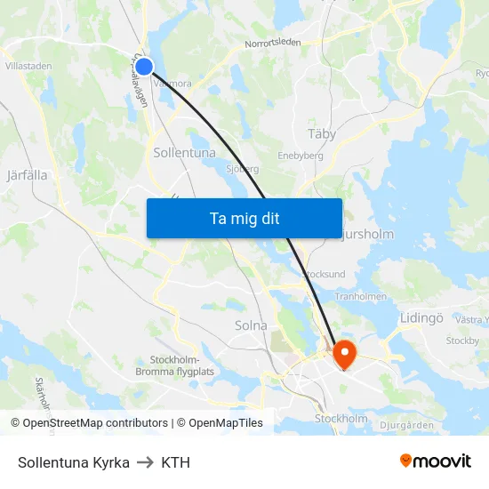 Sollentuna Kyrka to KTH map