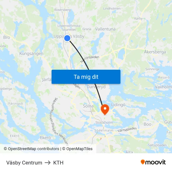 Väsby Centrum to KTH map