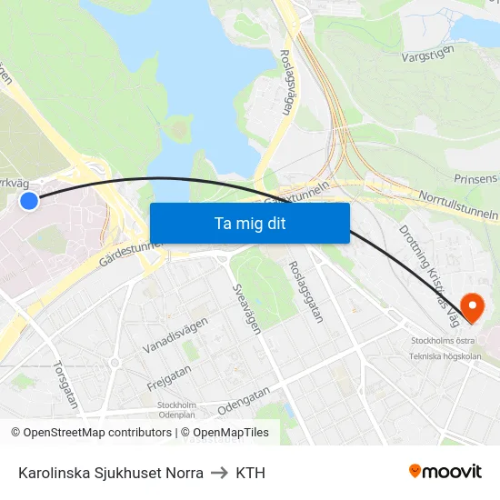Karolinska Sjukhuset Norra to KTH map