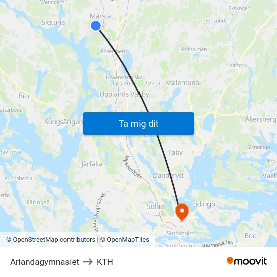 Arlandagymnasiet to KTH map