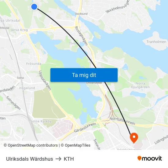Ulriksdals Wärdshus to KTH map