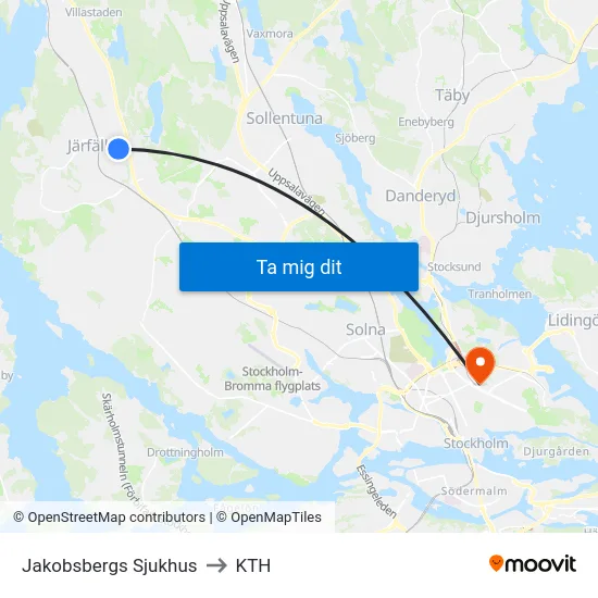 Jakobsbergs Sjukhus to KTH map
