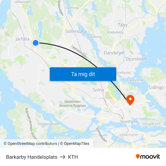 Barkarby Handelsplats to KTH map