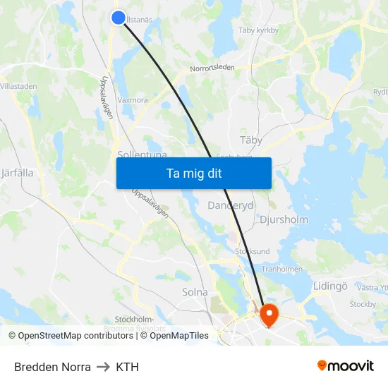 Bredden Norra to KTH map