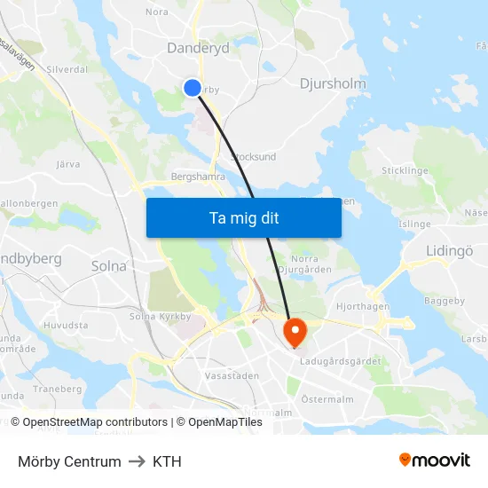 Mörby Centrum to KTH map