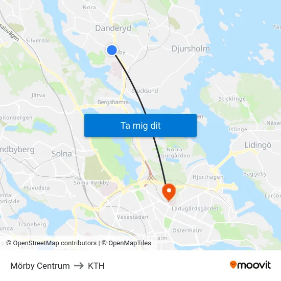 Mörby Centrum to KTH map