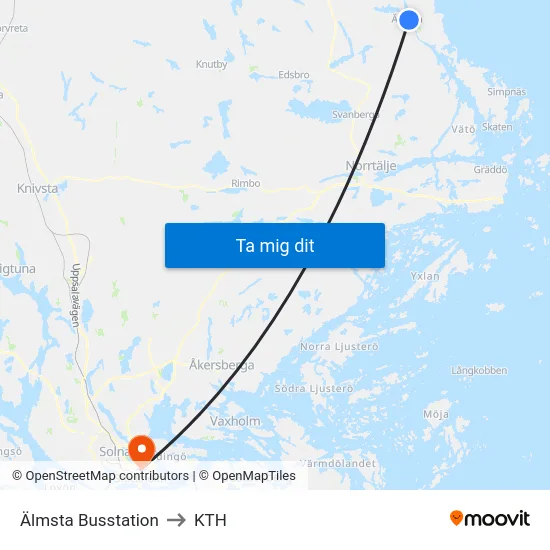 Älmsta Busstation to KTH map