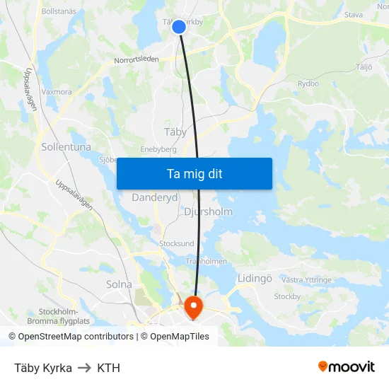 Täby Kyrka to KTH map