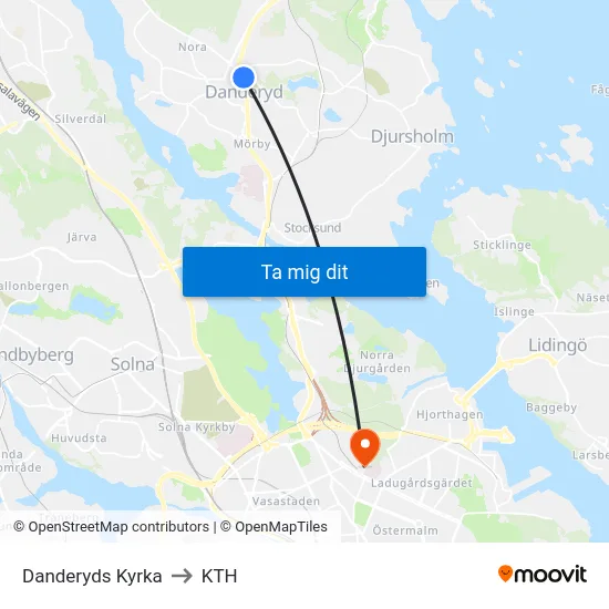 Danderyds Kyrka to KTH map