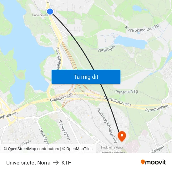 Universitetet Norra to KTH map