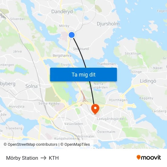 Mörby Station to KTH map