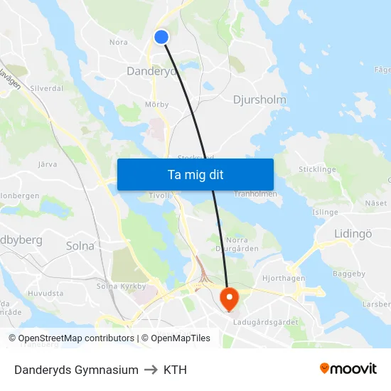 Danderyds Gymnasium to KTH map