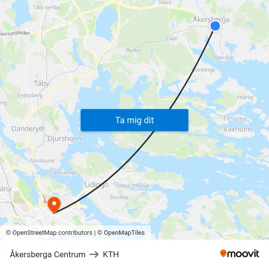 Åkersberga Centrum to KTH map