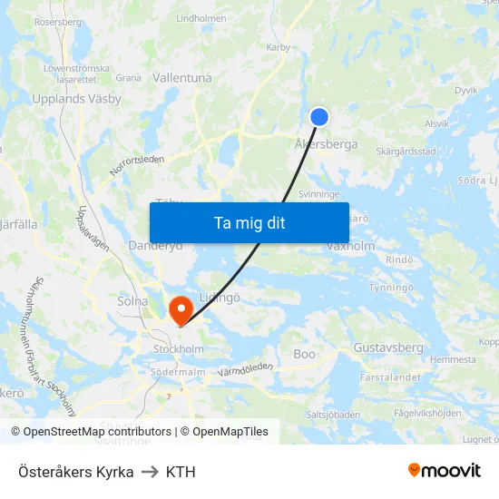 Österåkers Kyrka to KTH map