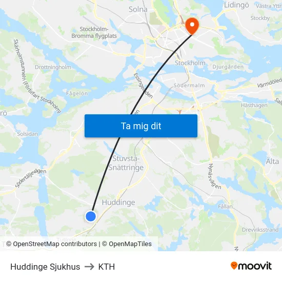 Huddinge Sjukhus to KTH map