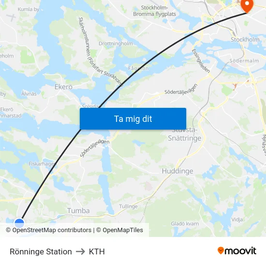 Rönninge Station to KTH map