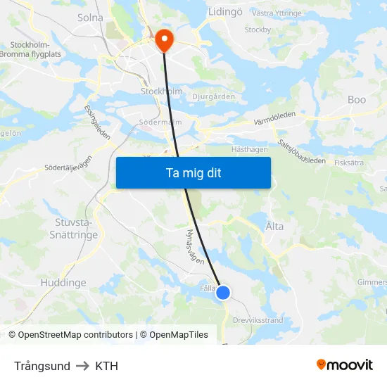 Trångsund to KTH map