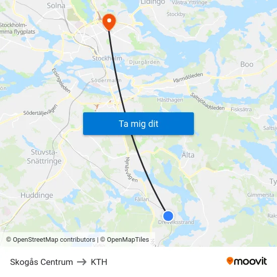 Skogås Centrum to KTH map
