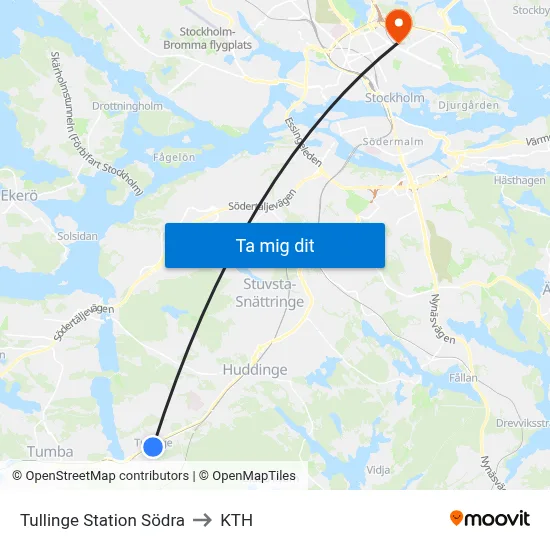 Tullinge Station Södra to KTH map