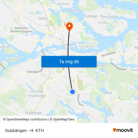 Gubbängen to KTH map